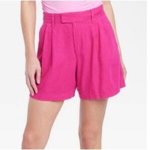 A New Day Bright Pink Pleated High Waist Linen Blend Shorts Size 10